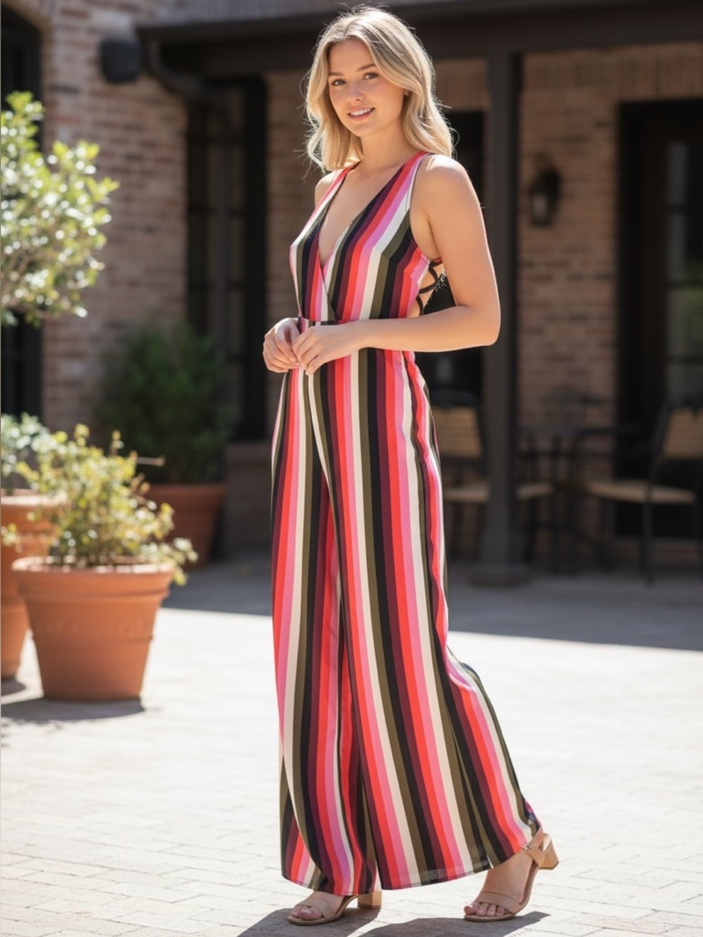 EUC‎ ASOS Striped Wide Leg Jumpsuit Wrap Front Size 2 Multicolor